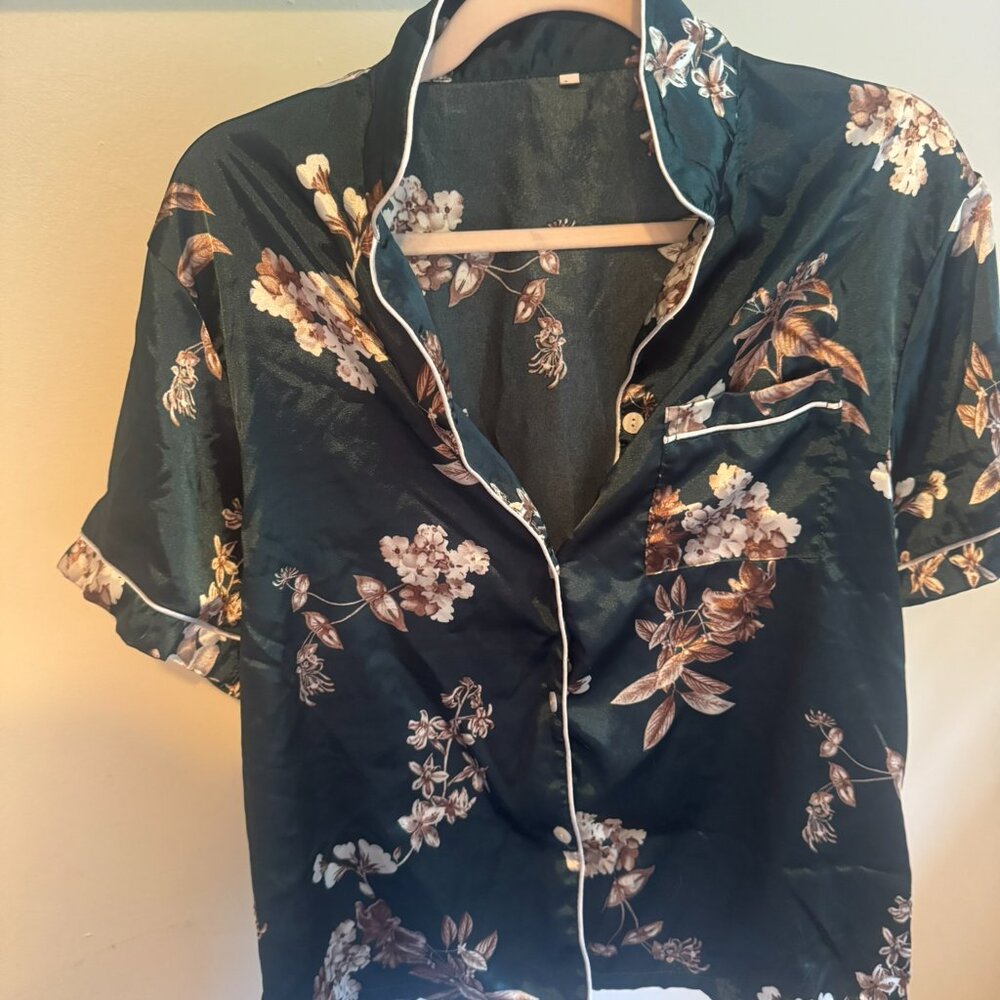 Green Floral Satin PJ Short Set